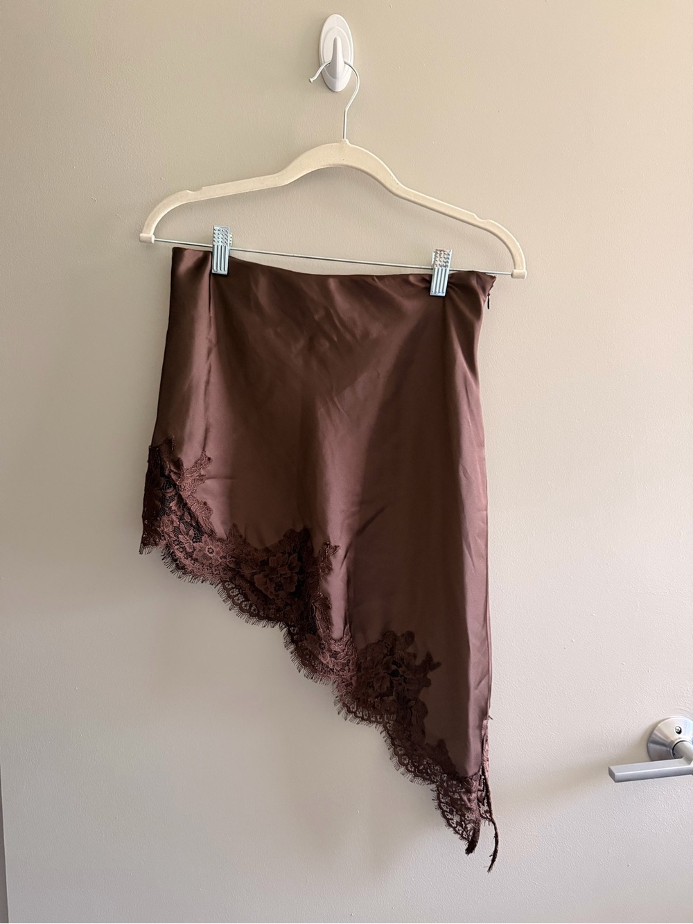 Satin Asymmetric Lace Trim Mini Skirt - Brown